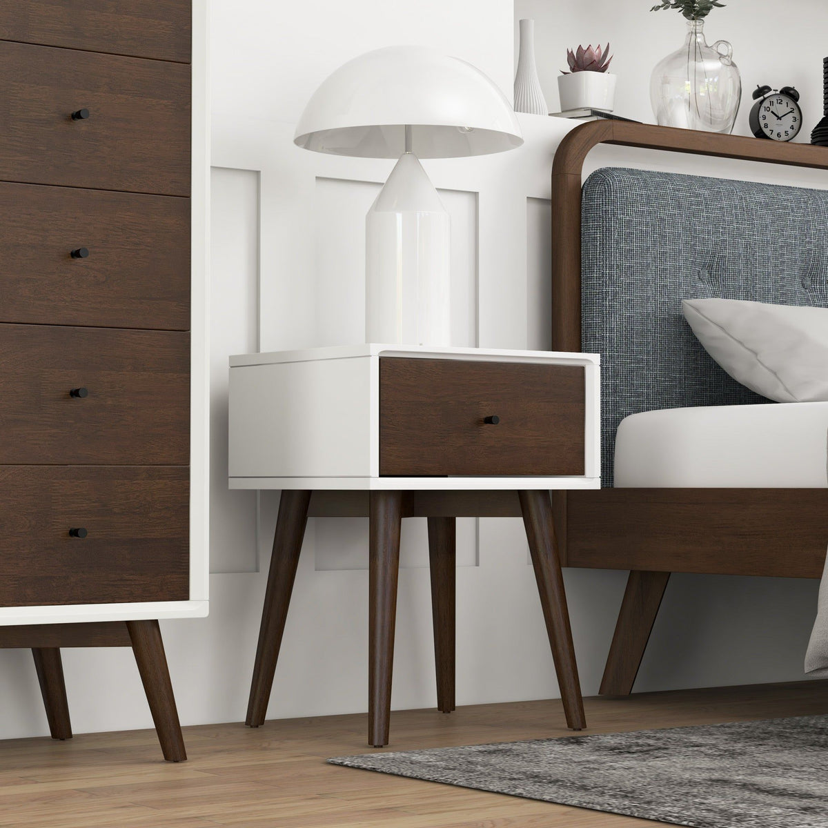 Modern design night stand with solid wood construction, white body and dark brown drawer on Tampa Home & Garden Store