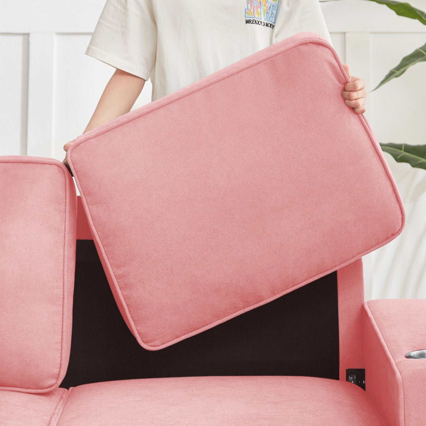 Modern Snowfleece Fabric 3 Seater Sofa With Cup Holder pink upholstery HouseOfZazla on Tampa Home & Garden Store