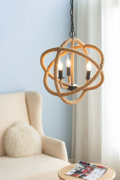 3-light farmhouse rope chandelier in beige brown with adjustable chain bulbs not included on Tampa Home & Garden Store