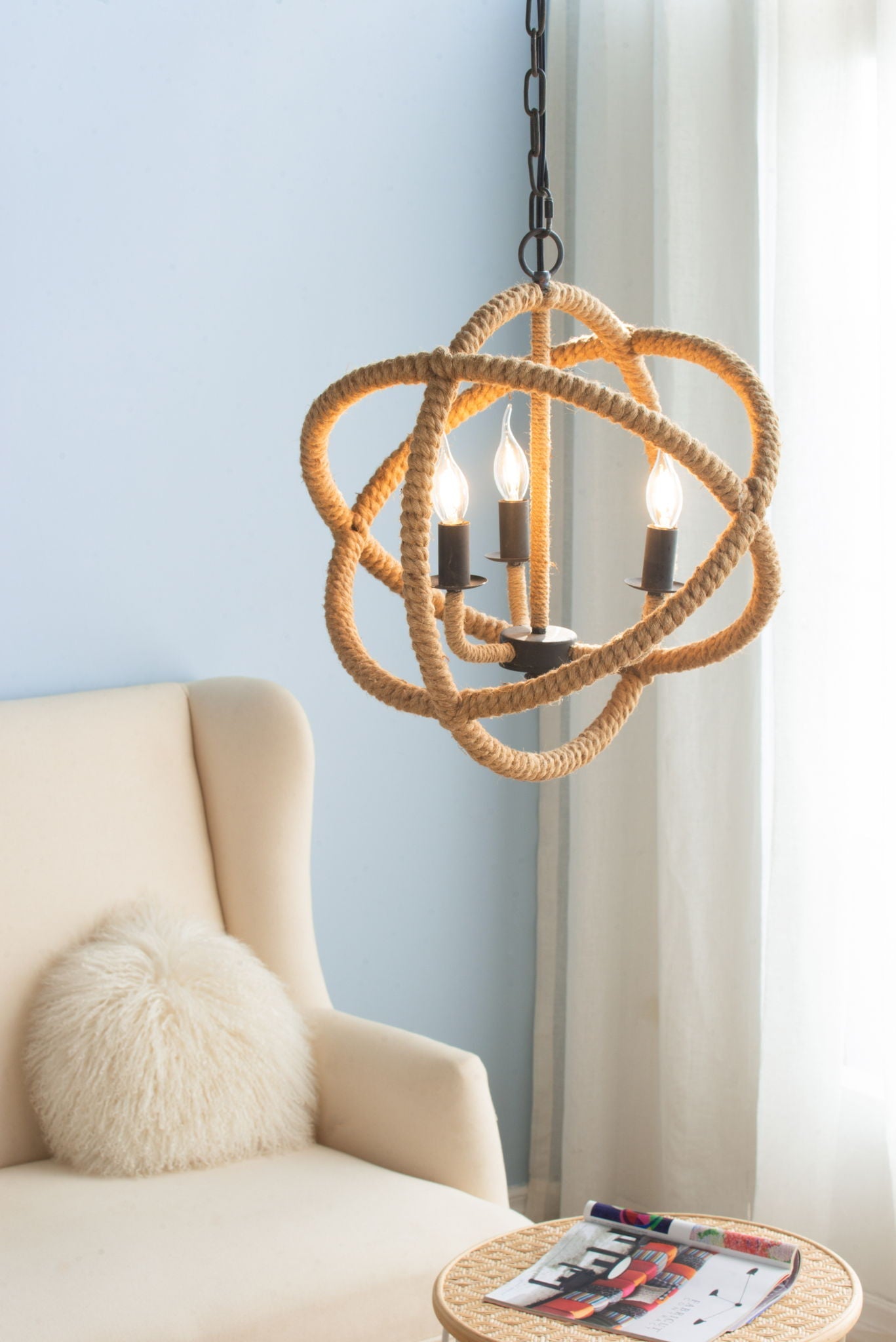 3-Light Farmhouse Rope Chandelier beige brown rope with adjustable chain HouseOfZazla on Tampa Home & Garden Store