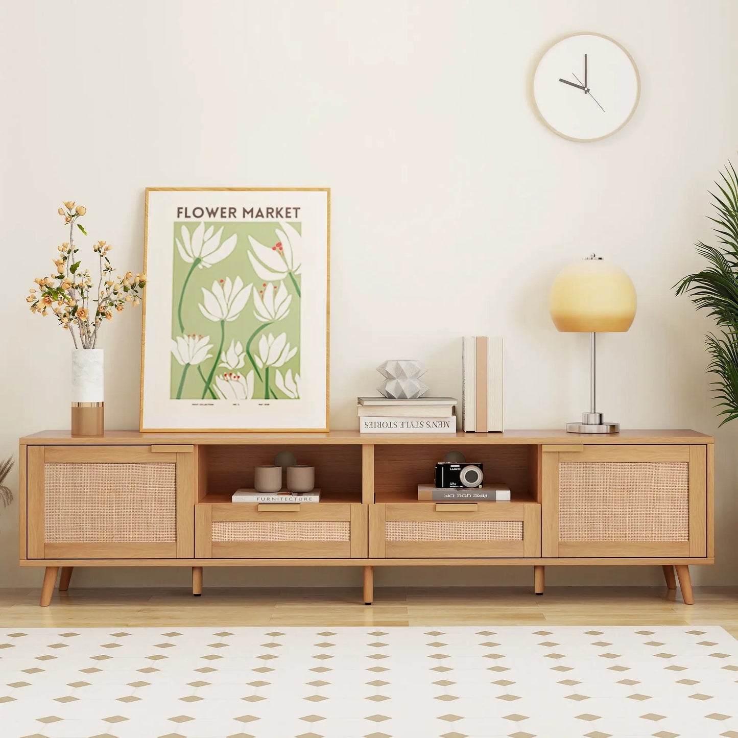 Rattan and Solid Wood TV Stand With Cable