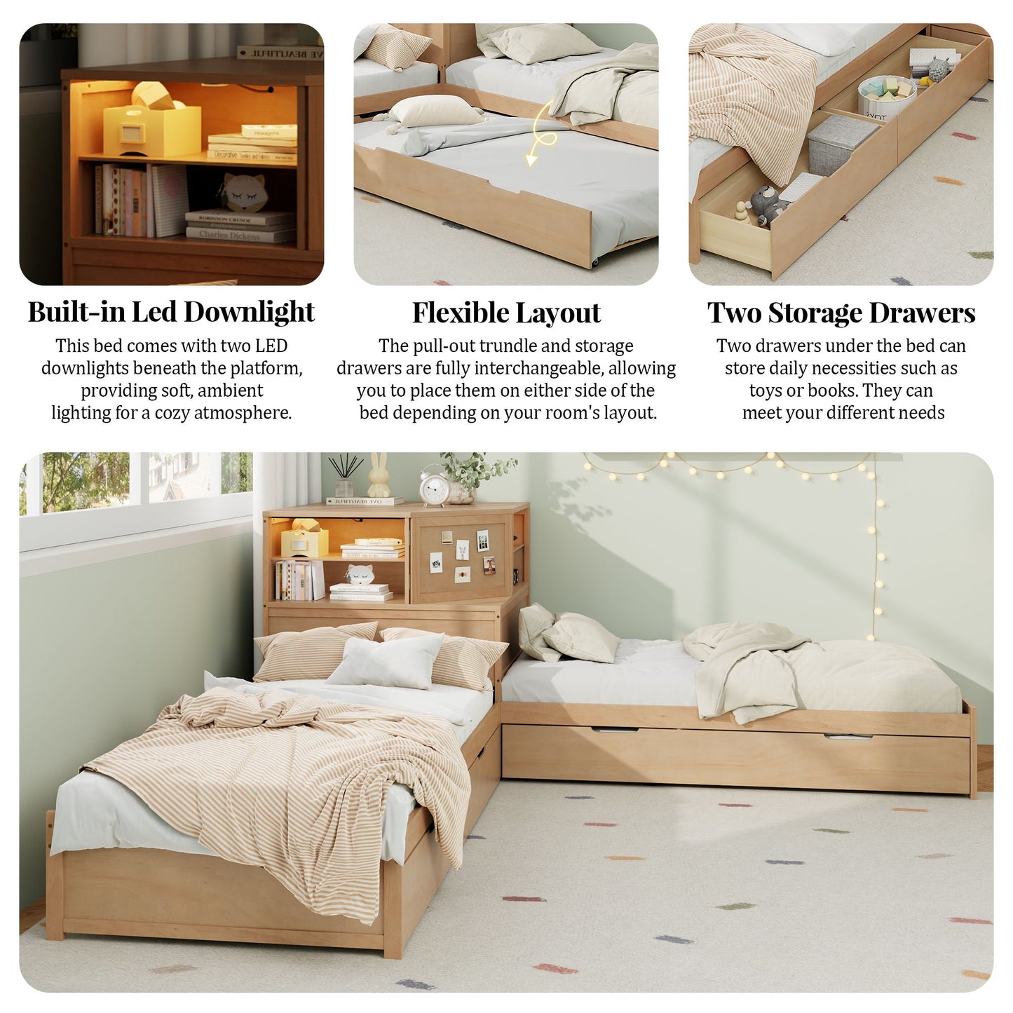Compact L Shaped Bed Frame with Trundle and Desk