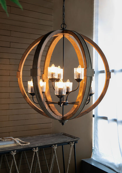 Chandelier hanging light fixture with wooden rings and glass candle bulbs, HouseOfZazla on Tampa Home & Garden Store