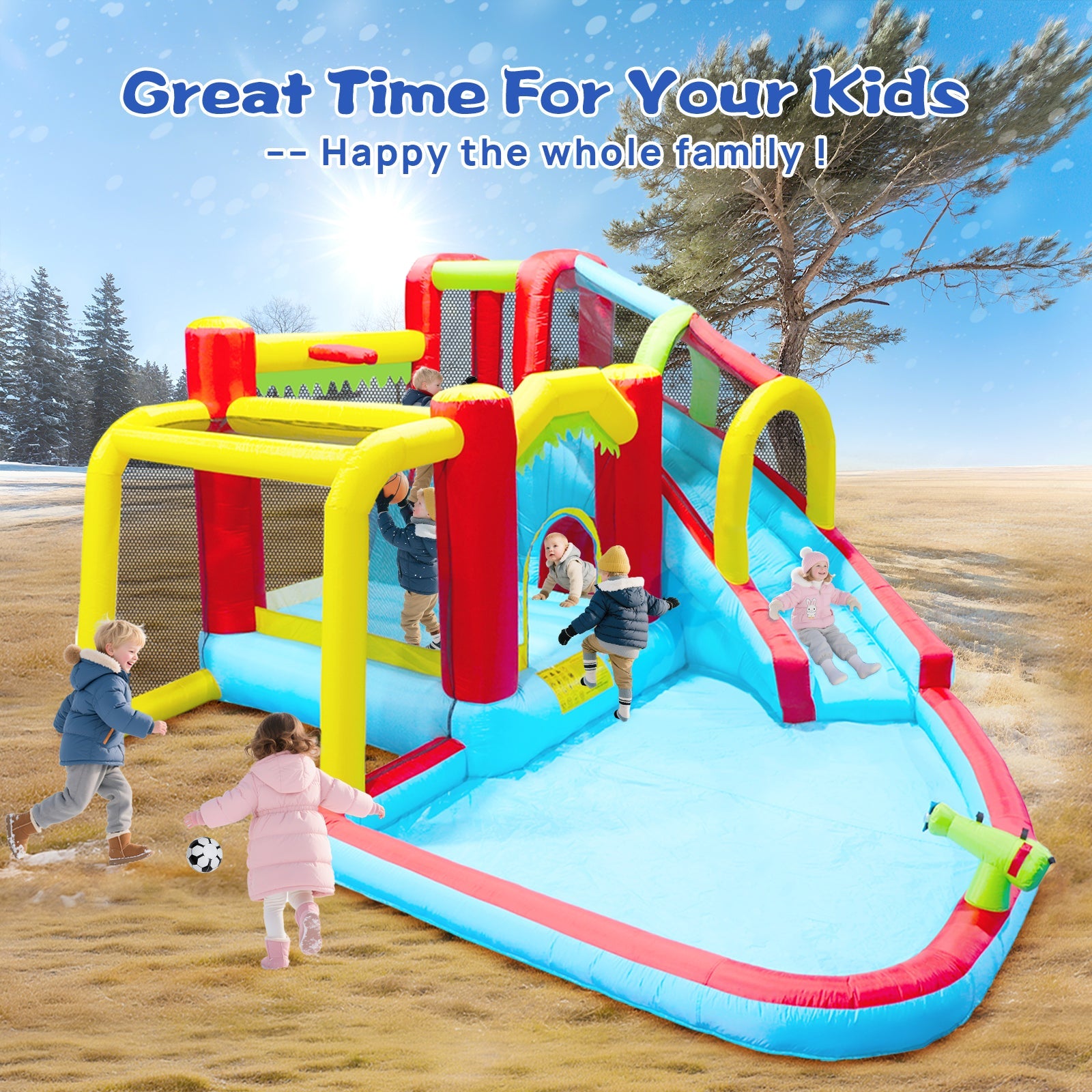 7-in-1 Inflatable Slide Water Park Bouncer blue red obstacle course with kids playing outside on Tampa Home & Garden Store