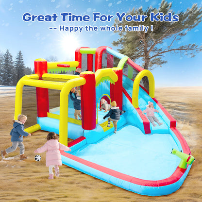 7-in-1 Inflatable Slide Water Park Bouncer blue red obstacle course with kids playing outside on Tampa Home & Garden Store