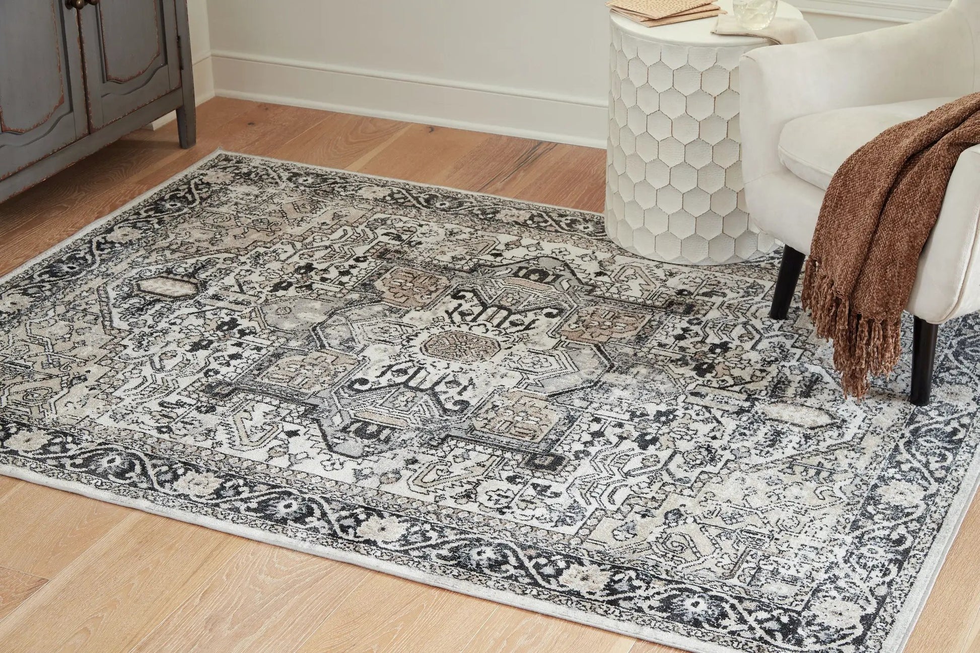 Gregmoore area rug, washable rug by Unique Piece Furniture in gray ivory ornate pattern on Tampa Home & Garden Store