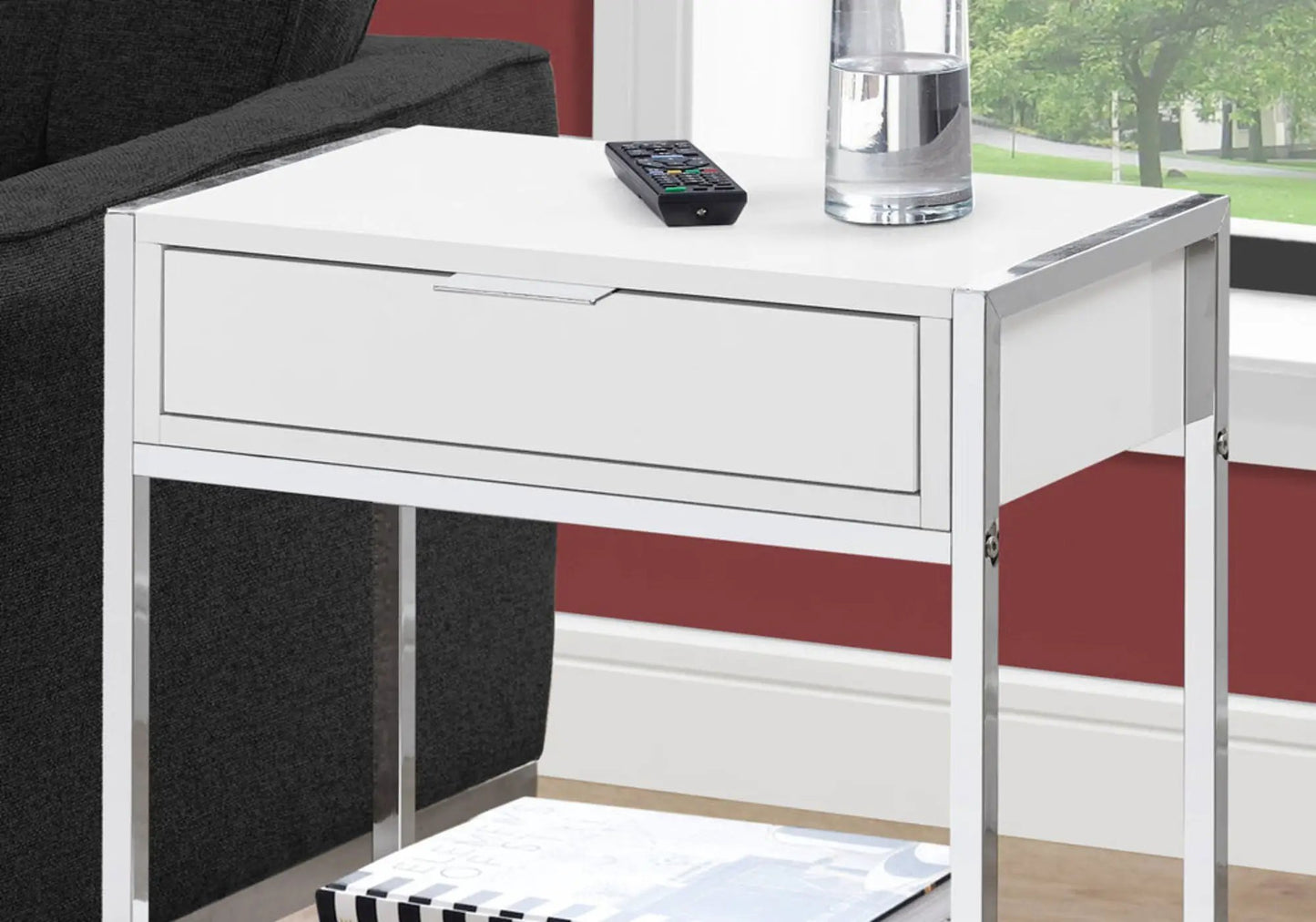 Accent Side Table with storage drawer, white top and chrome frame by Unique Piece Furniture on Tampa Home & Garden Store