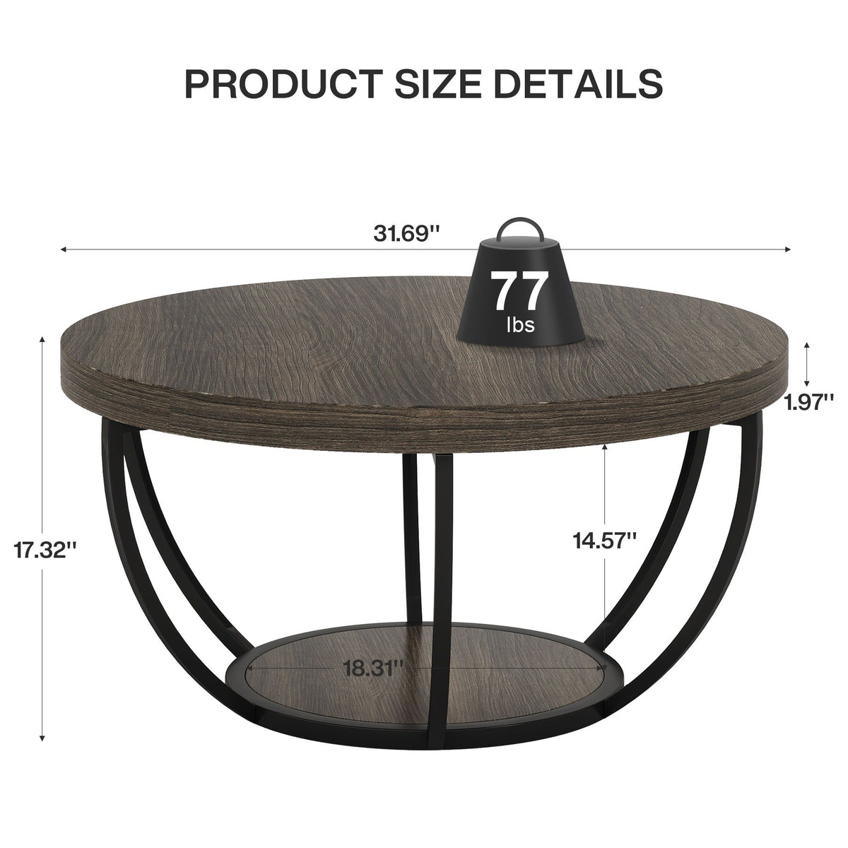 2 Tier Circle Coffee Table with Storage Shelves dark brown top black metal frame HouseOfZazla on Tampa Home & Garden Store