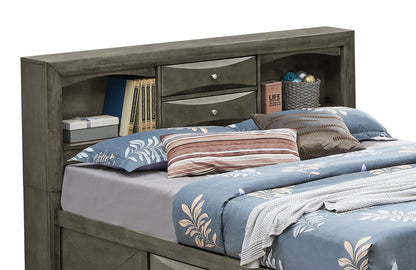 Modern Design Storage Bed with Bookcase Headboard in dark gray wood finish with center drawers on Tampa Home & Garden Store