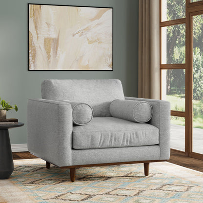 Wide Arm Chair with Removable Cushions in light gray fabric, HouseOfZazla, wood-legged modern armchair on Tampa Home & Garden Store