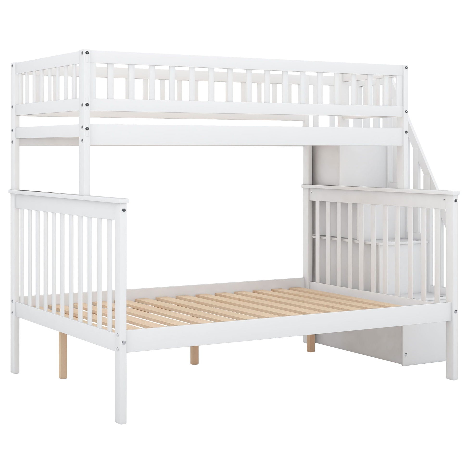 White bunk bed with staircase by HouseOfZazla, dual bunks with slatted frames and guardrails on Tampa Home & Garden Store