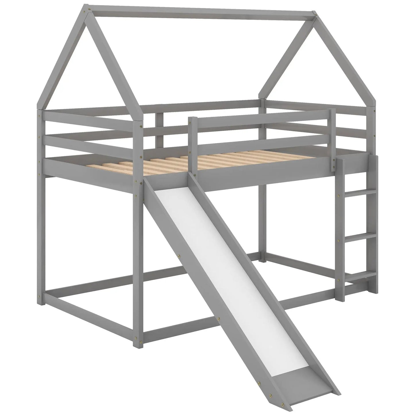 House Shape Bunk Bed With Slide And Ladder in gray wood with roof frame and rails on Tampa Home & Garden Store