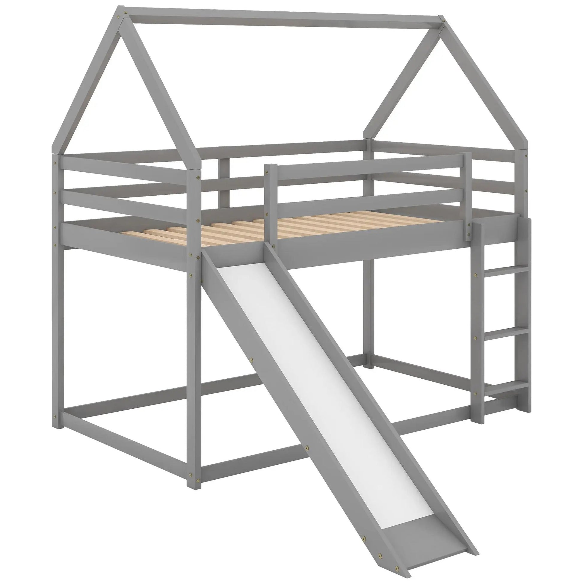 House Shape Bunk Bed With Slide And Ladder in gray wood with roof frame and rails on Tampa Home & Garden Store