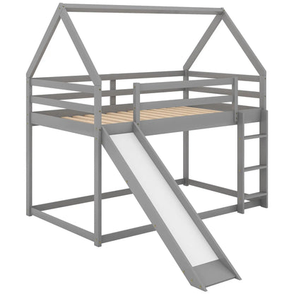 House Shape Bunk Bed With Slide And Ladder in gray wood with roof frame and rails on Tampa Home & Garden Store