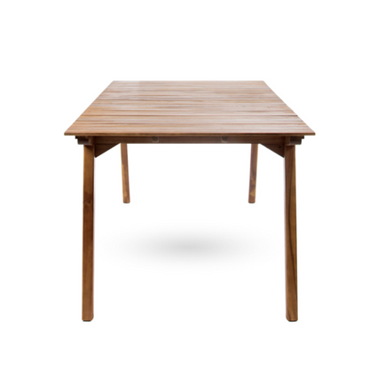 Outdoor acacia wood dining table with teak finish and slatted top on Tampa Home & Garden Store