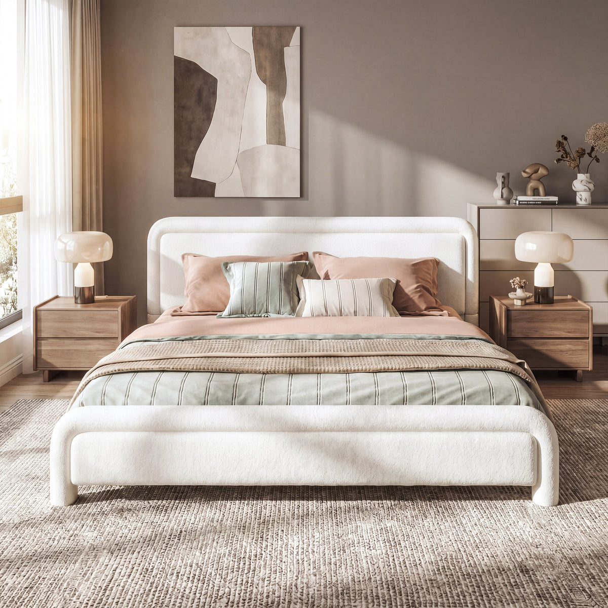 King size Boucle upholstered platform bed frame with curved headboard by HouseOfZazla in beige on Tampa Home & Garden Store
