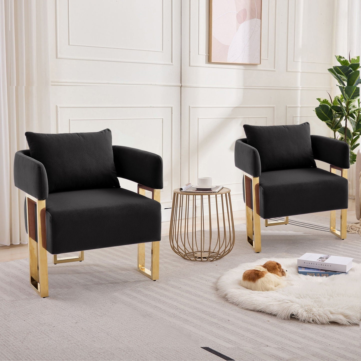 Modern Classic Teddy Fleece Chair, black upholstery, gold legs HouseOfZazla two chairs set on Tampa Home & Garden Store