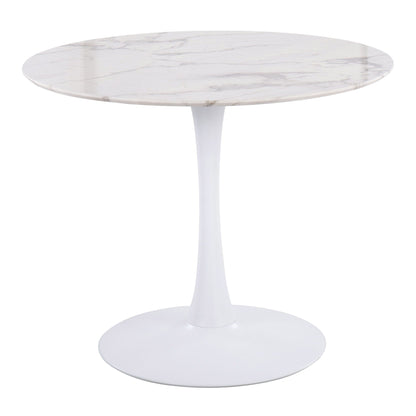 Round marble top dining table with white pedestal base on Tampa Home & Garden Store
