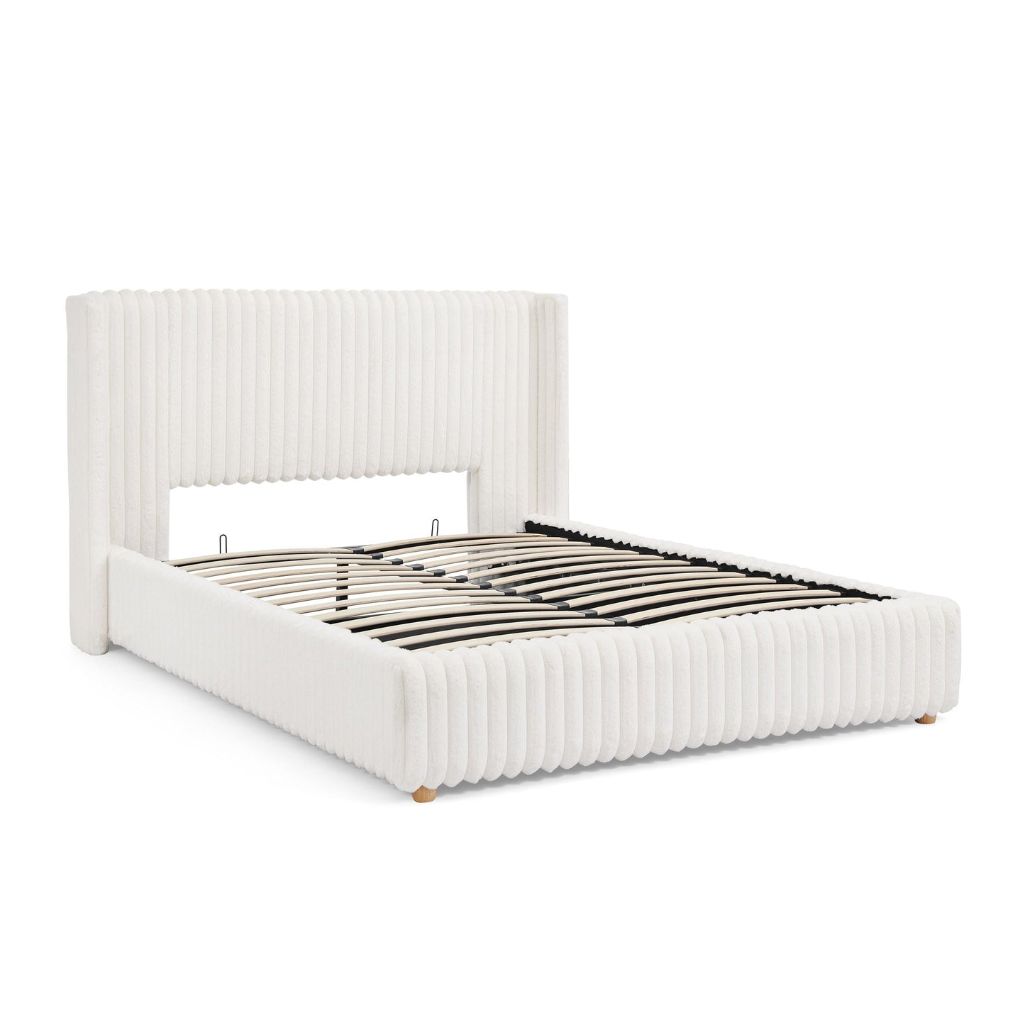 Functional Vertical Striped Bed With Gas Lift Storage white ribbed upholstery by HouseOfZazla on Tampa Home & Garden Store