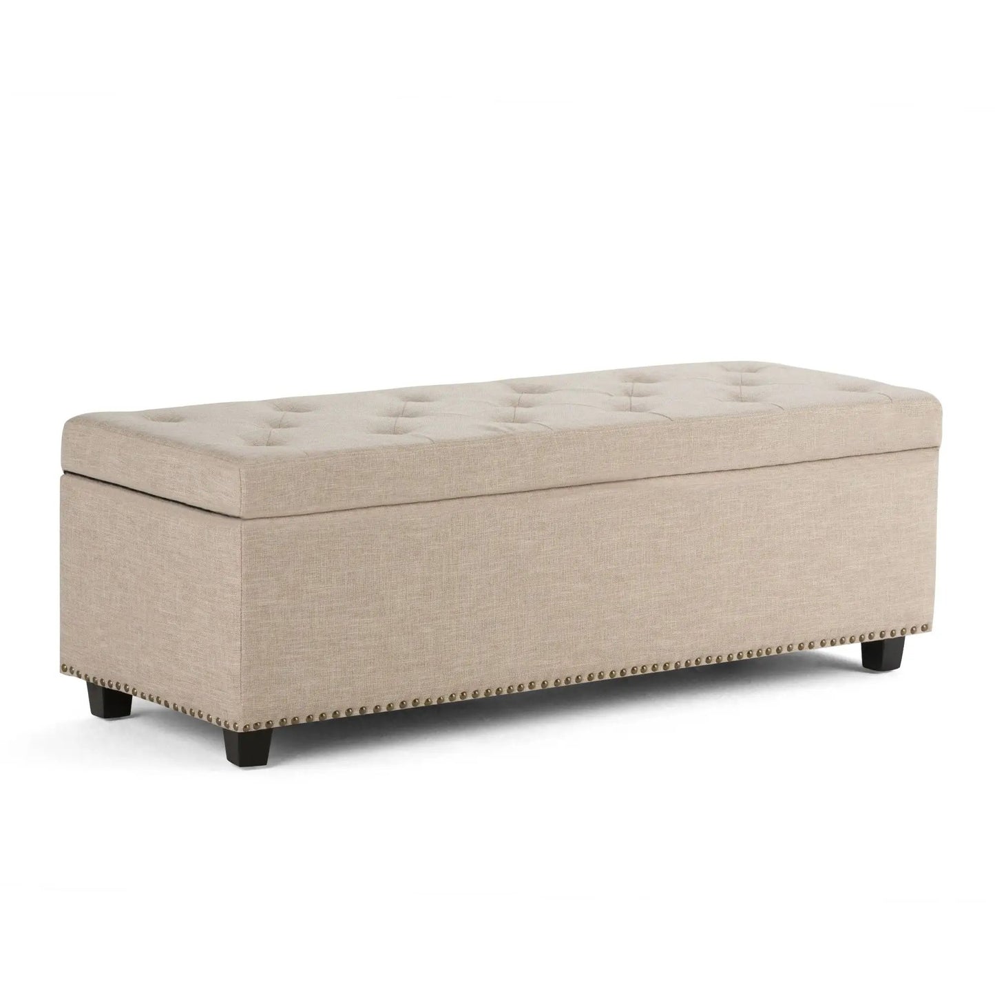Hamilton Upholstered Storage Ottoman beige linen with tufted lid and nailhead trim on Tampa Home & Garden Store