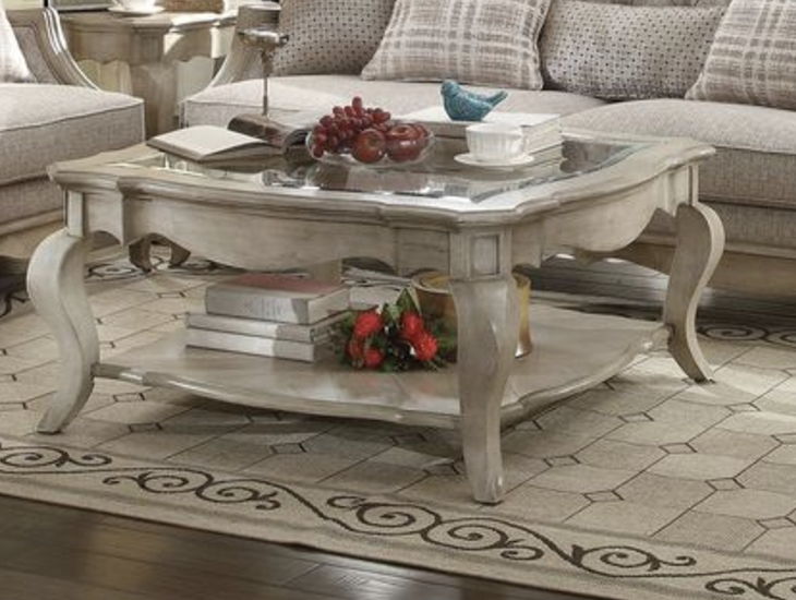 Chelmsford Clear Glass Coffee Table Taupe by HouseOfZazla curved legs and shelf on Tampa Home & Garden Store