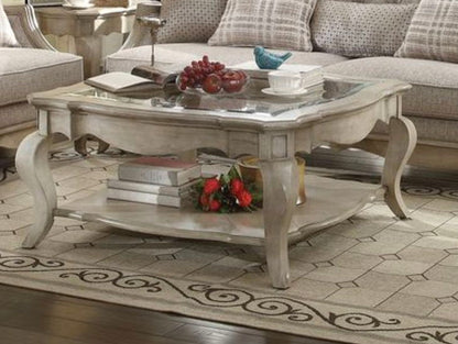 Chelmsford Clear Glass Coffee Table Taupe by HouseOfZazla curved legs and shelf on Tampa Home & Garden Store