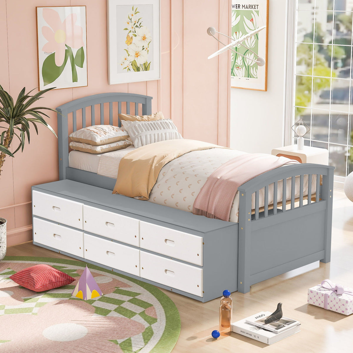Platform Storage Bed Solid Wood Bed With 6 Drawers in gray frame with white drawer fronts on Tampa Home & Garden Store