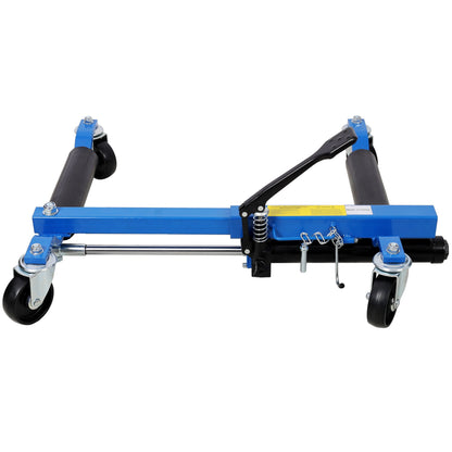 Hydraulic Car Wheel Dolly set of 2 with blue frame, black wheels and foot pedal lift on Tampa Home & Garden Store