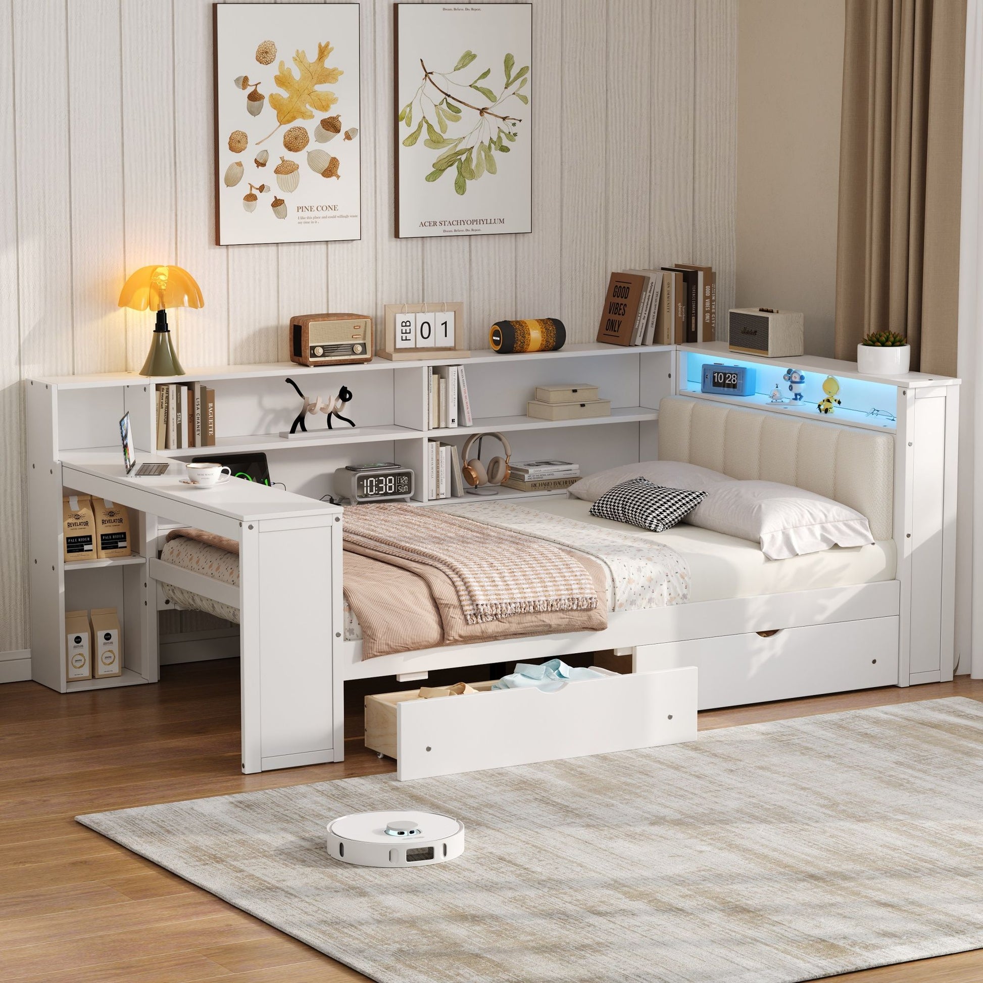 Platform bed with built-in storage shelves, drawers and desk, blue LED lighting, white finish on Tampa Home & Garden Store