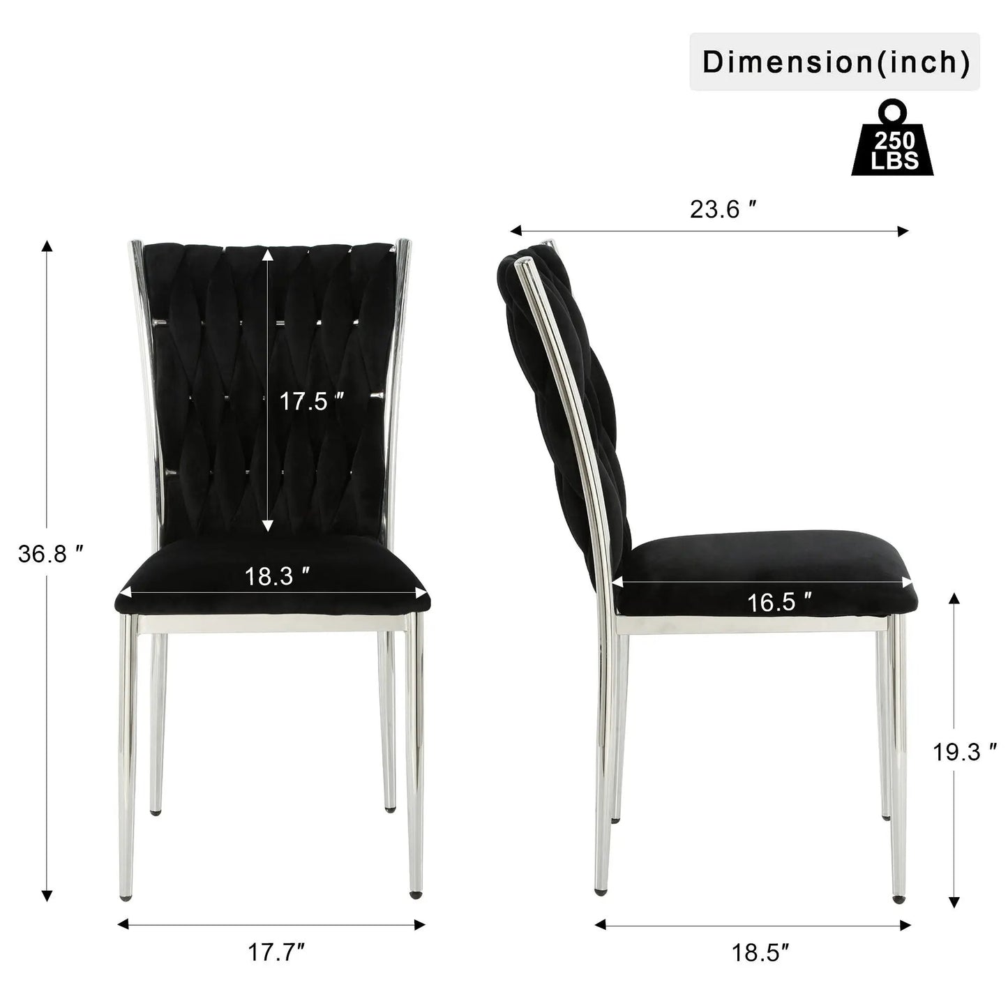 Modern dining chair set in black tufted upholstery with chrome legs, 2 chairs on Tampa Home & Garden Store