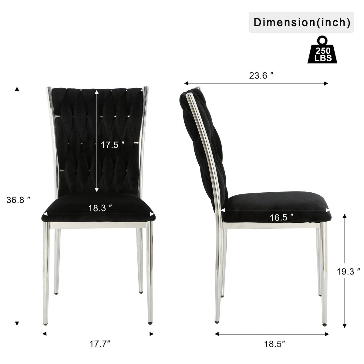 Modern Dining Chair Set in black fabric with chrome frame, 2 chairs on Tampa Home & Garden Store