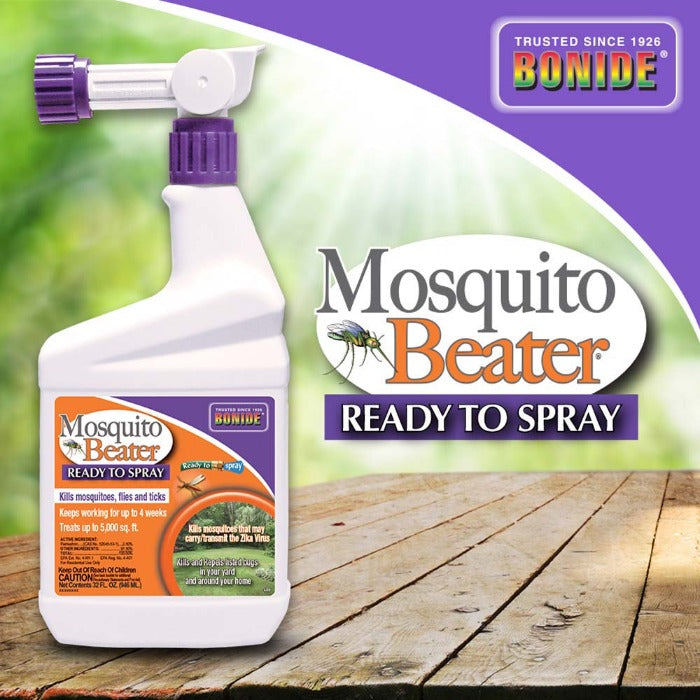 Bonide Mosquito Beater Ready To Spray liquid pesticide bottle with purple nozzle on deck on Tampa Home & Garden Store