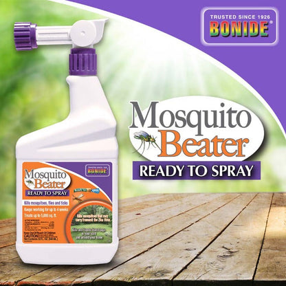 Bonide Mosquito Beater Ready To Spray liquid pesticide bottle with purple nozzle on deck on Tampa Home & Garden Store