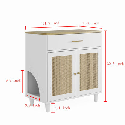 Cat litter box enclosure by HouseOfZazla in white with light brown wood top and woven doors on Tampa Home & Garden Store