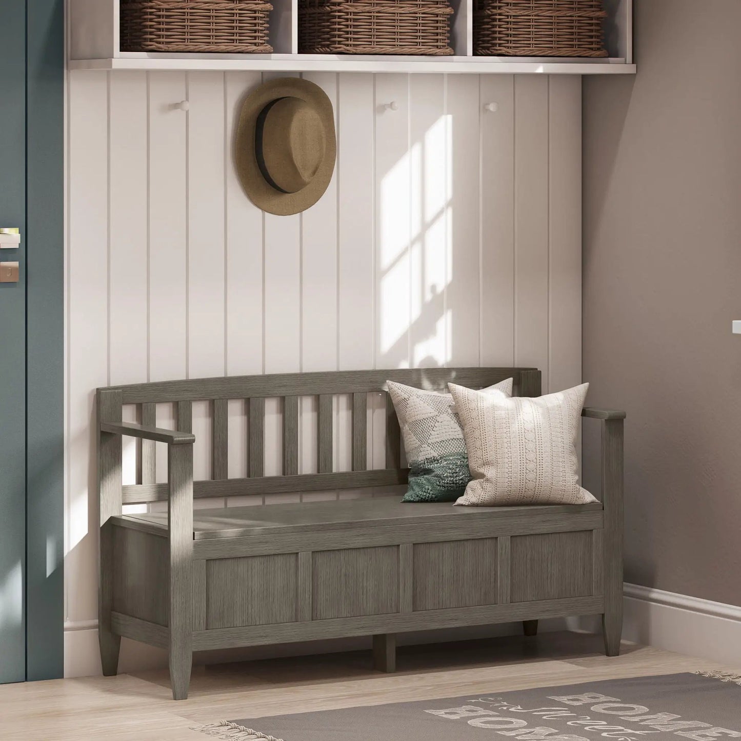 Brooklyn Handcrafted Entryway Storage Bench, gray-washed wood, two drawers on Tampa Home & Garden Store