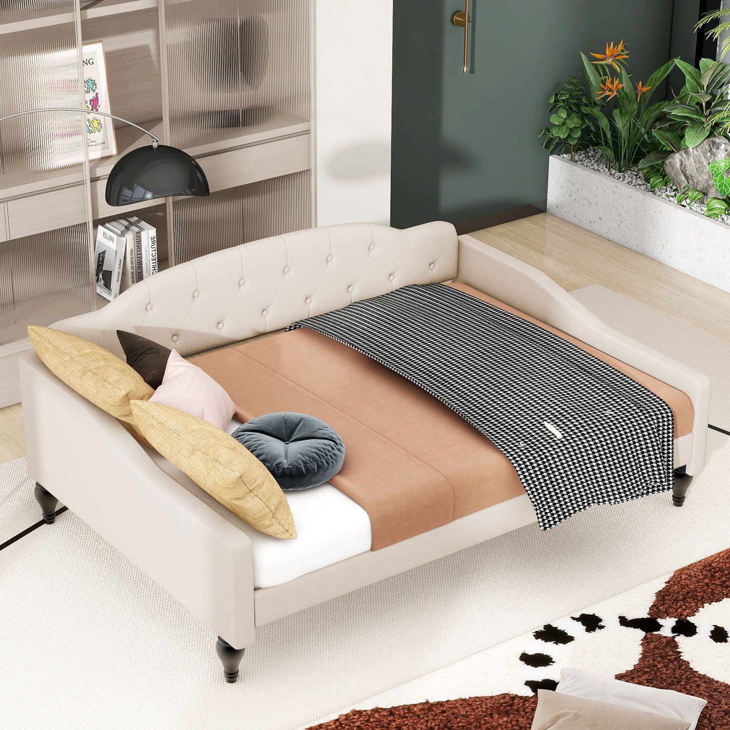 Upholstered Tufted Daybed beige with button tufting, HouseOfZazla daybed in modern living room on Tampa Home & Garden Store