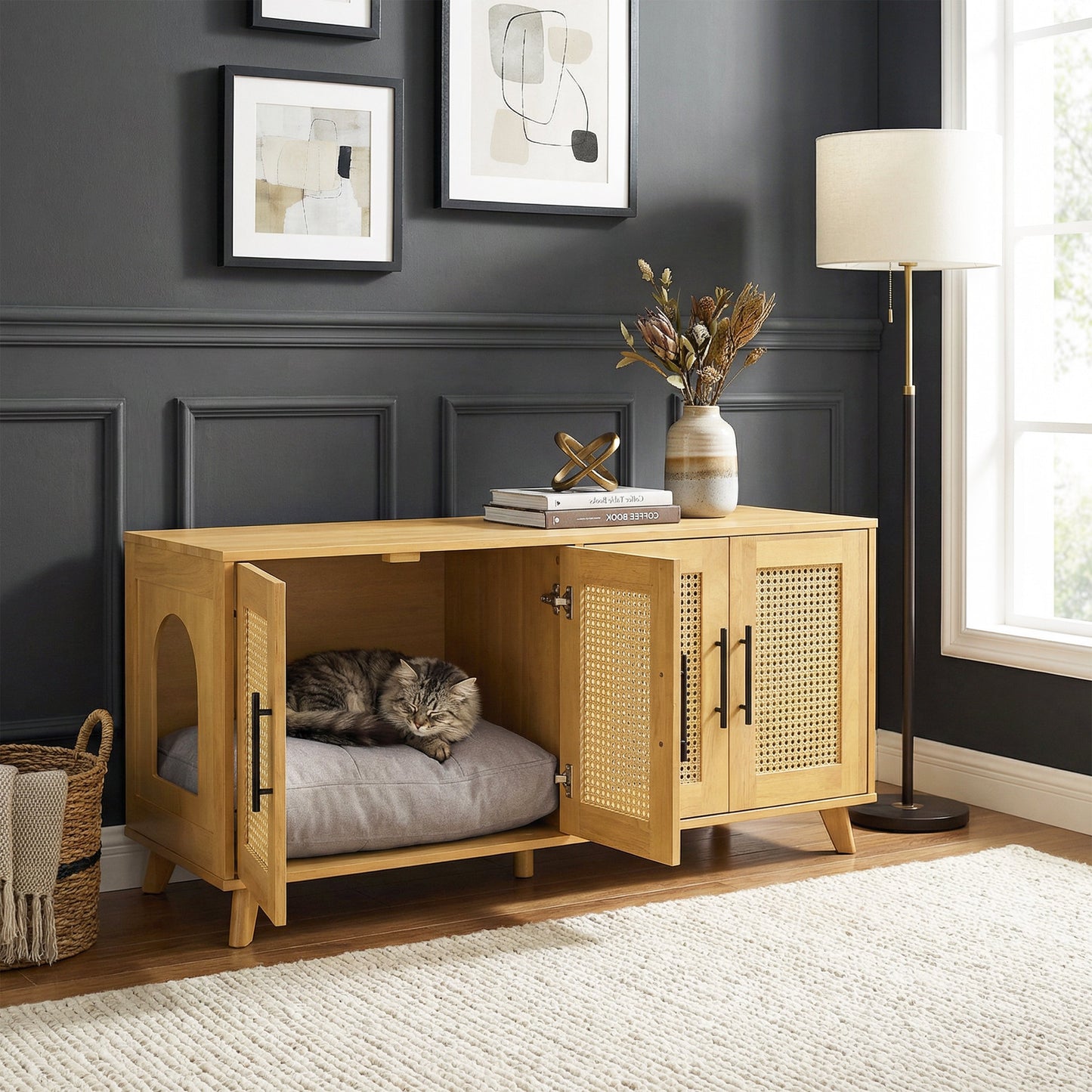 Myra Indoor Rubber Wood Cat Cabinet with Plush Cushion by HouseOfZazla, cane panels, cat resting on Tampa Home & Garden Store