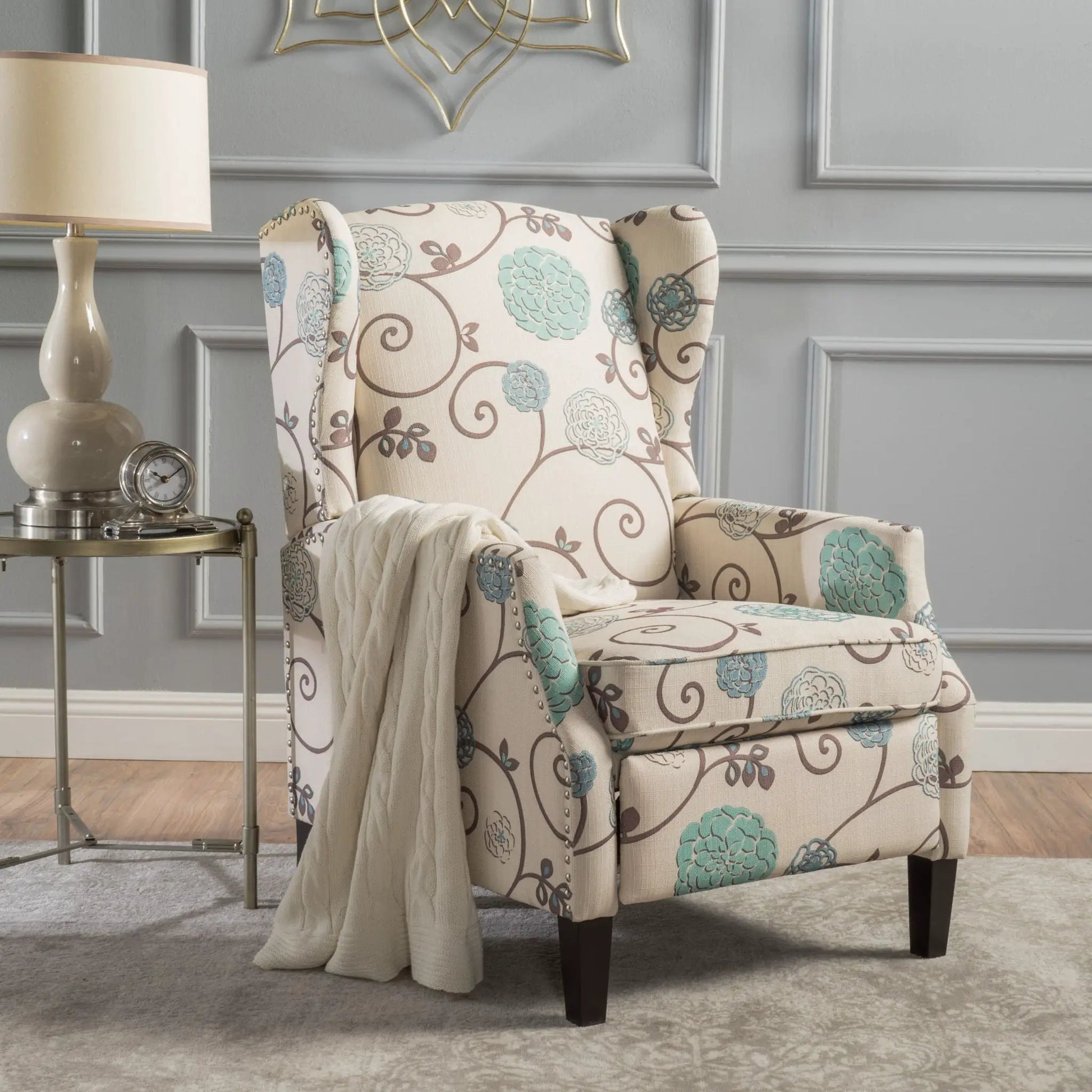 Westeros Wing Back Recliner in beige floral fabric with teal accents by Unique Piece Furniture on Tampa Home & Garden Store