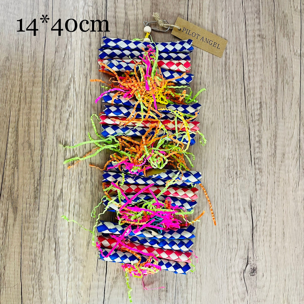 Parrot toy hand-woven woodskin with blue and white braid and neon paper fringe 14×40cm on Tampa Home & Garden Store