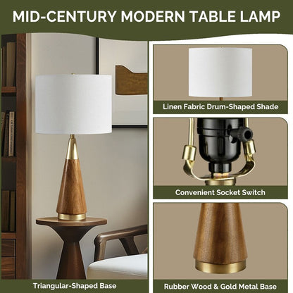 Triangular Table Lamp with linen fabric drum shade, tan wood cone base with brass accents on Tampa Home & Garden Store