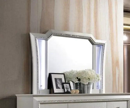 Kaitlyn LED vanity mirror with white frame and LED side panels on a dresser on Tampa Home & Garden Store
