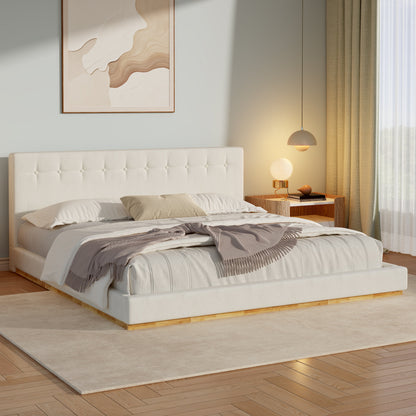 Solid rubber wood platform bed with beige upholstered headboard, bedding, HouseOfZazla on Tampa Home & Garden Store