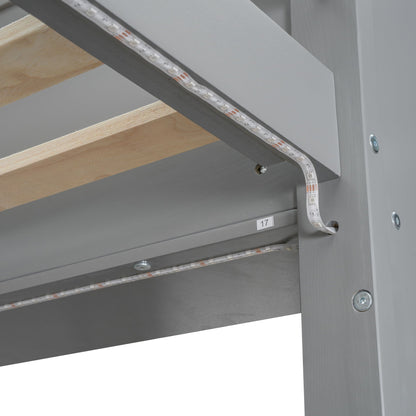Loft bed with LED lighting along underside, grey metal frame and natural wood slats on Tampa Home & Garden Store