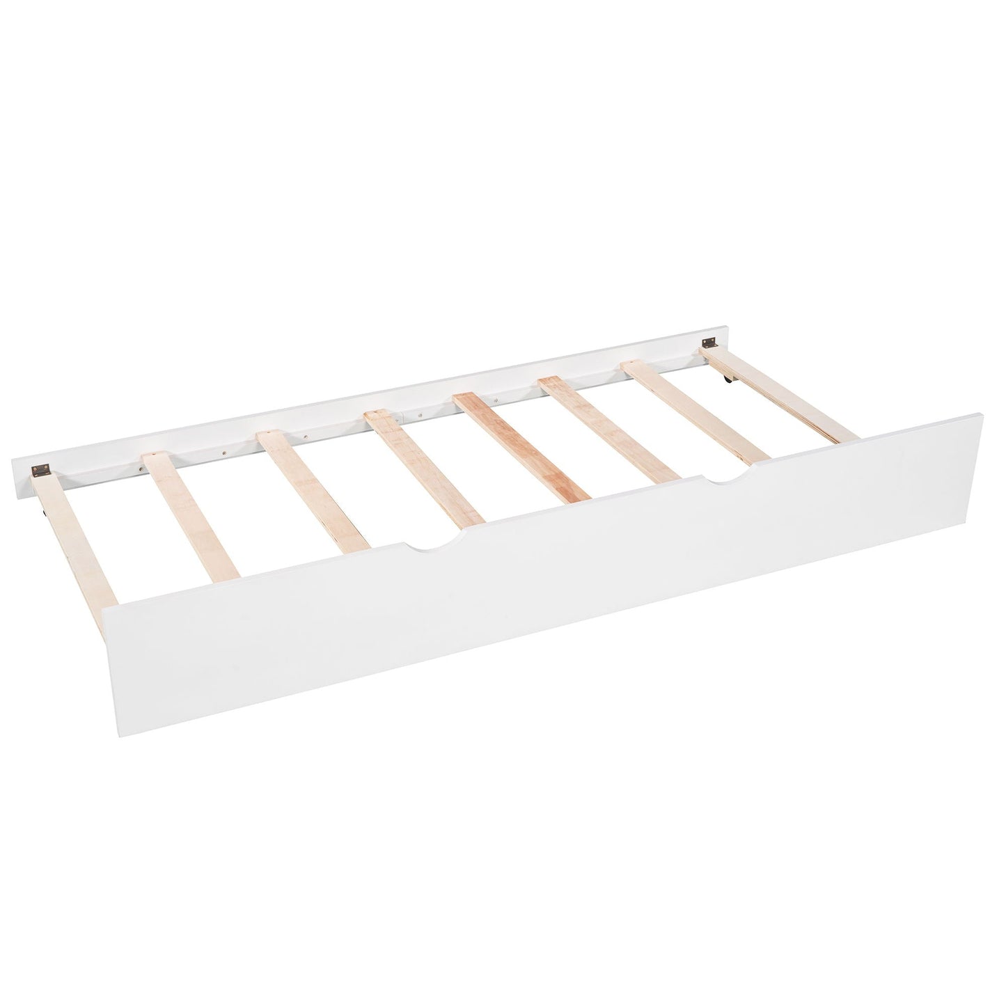 HouseOfZazla L-shaped platform bed with built-in desk and trundle, white frame with wood slats on Tampa Home & Garden Store
