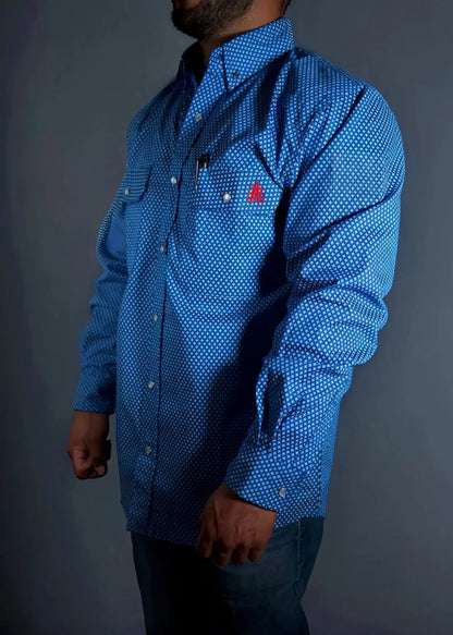 FR Pearl Snap Work Shirt Royal Blue by Static FR with small white print and front chest pocket on Tampa Home & Garden Store
