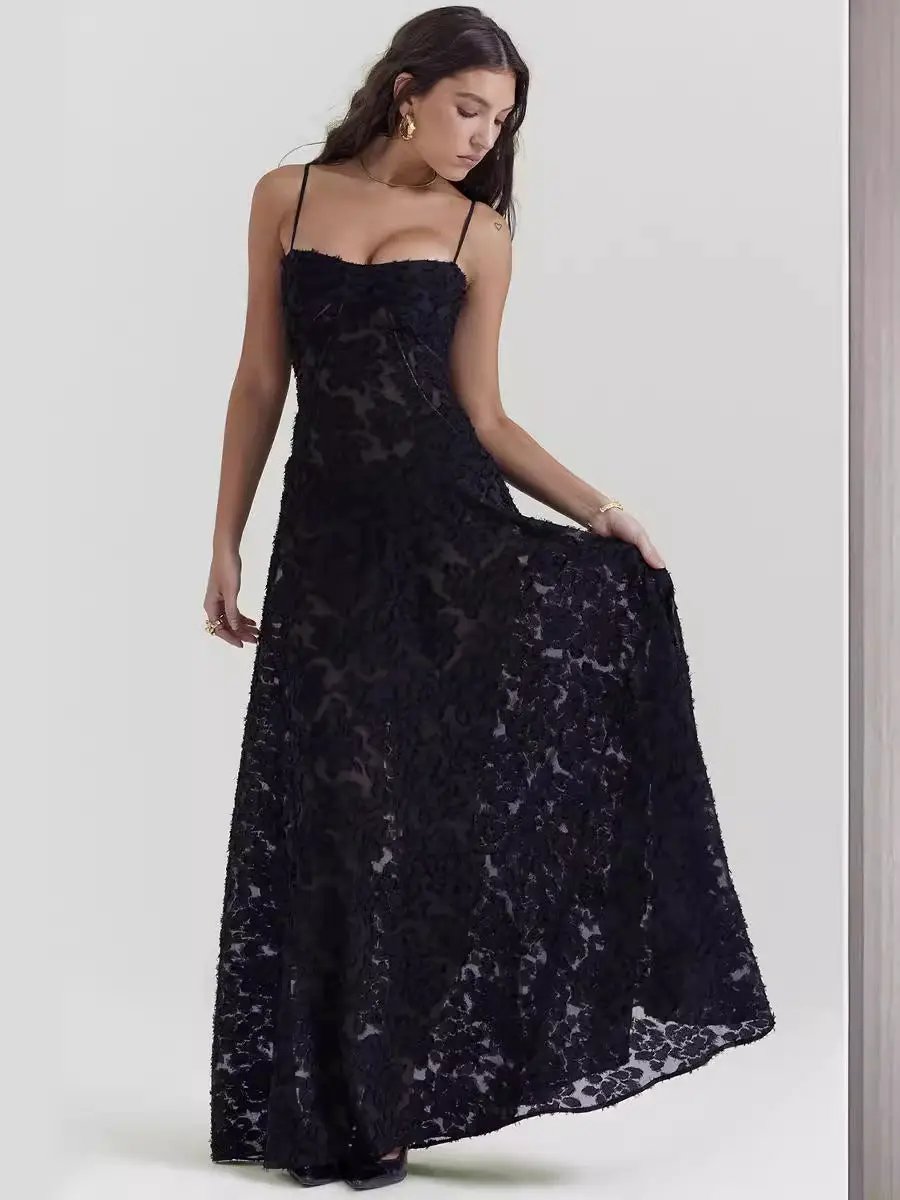 Sexy Flowers Lace Suspender Dress in black with spaghetti straps and long floral lace on Tampa Home & Garden Store