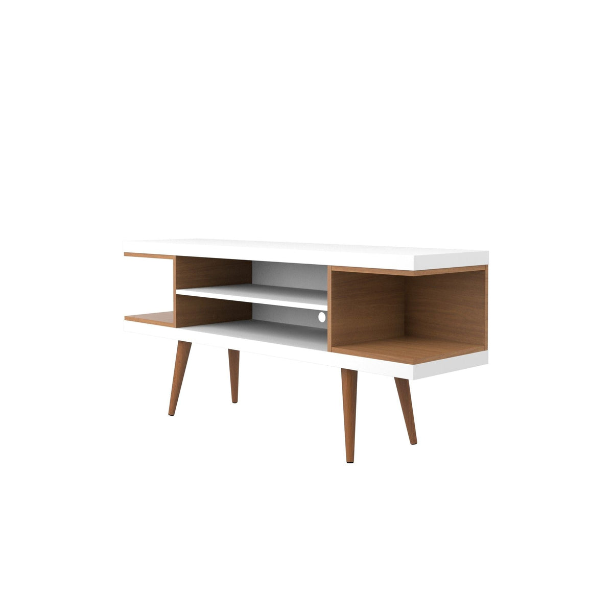 Mid-Century Modern TV Stand white top with wood-tone sides, open storage, tapered legs HouseOfZazla on Tampa Home & Garden Store
