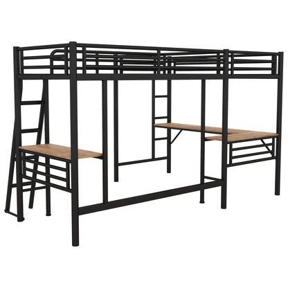 Twin loft bed with 2 built-in desks, black metal frame, mission style with wood desks on Tampa Home & Garden Store