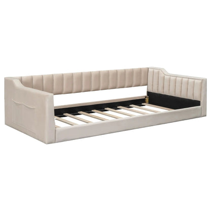 Daybed with side storage pocket beige tufted upholstery by Unique Piece Furniture on Tampa Home & Garden Store