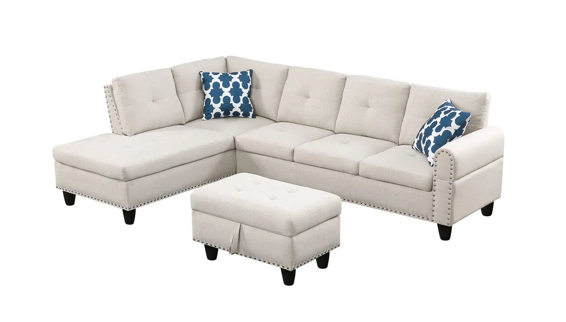 Beige left-hand facing sofa with chaise and ottoman; nailhead trim, patterned pillows on Tampa Home & Garden Store